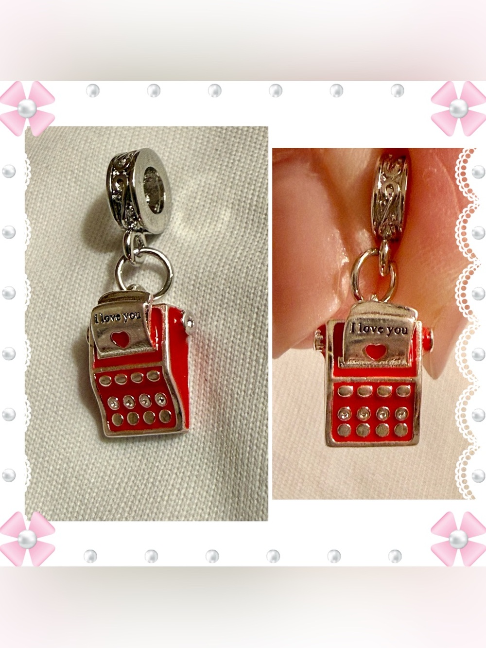 Charm / pendant - .5" typewriter I Love You - silver tone & red - New! Heart